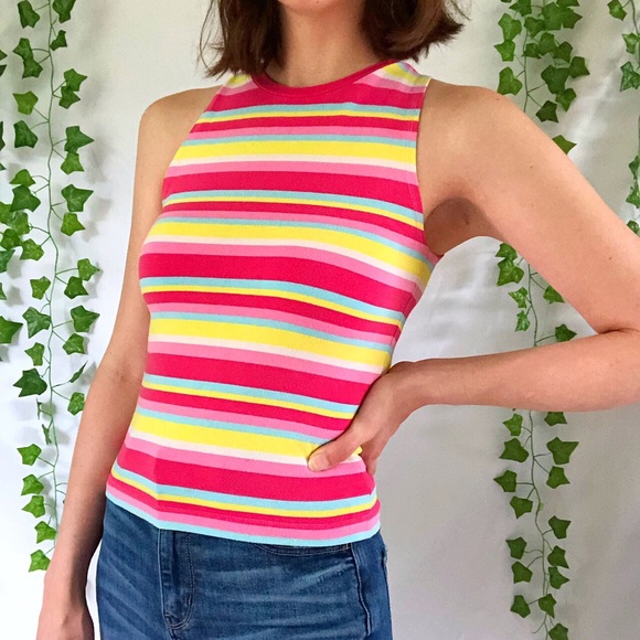 Vintage 90s or Y2K bright rainbow striped high necked tank top - Picture 3 of 4